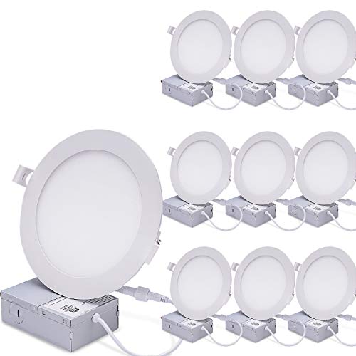 12W 6″ Ultra-Thin Recessed Ceiling Light with Junction Box, 5000K Daylight White, Dimmable Airtight Downlight, 1000lm 120W Equivalent, ETL Listed, LED Downlight, 10 Pack