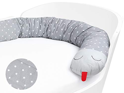 Priebes Klaus die große Bettschlange | Stillkissen Länge 200 cm | Bettnestchen fürs Babybett | Lagerungskissen | Seitenschläferkissen | Bezug 100% Baumwolle, Design:stars grau