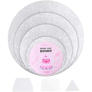 Hemoton 4Pcs Reusable Thicker Cake Cardboards with Embossed Foil Wrapping and 3 Scrapers for Cake Decoration Wedding Birthday Party 12