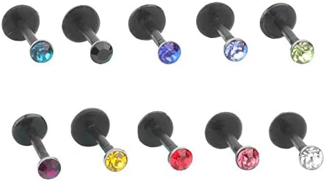 16G Black Acrylic Mix-color Cubic Zirconia Crystal Lip Studs Set Sparkly Push In Labret Monroe Tragus Cartilage Body Piercing