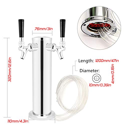 LoveDeal Stainless Steel Double Tap Draft Beer Tower, Beer Kegerator Tower Dispenser Kit with 2 faucet, Hose, Keg Wrench - 3" Diameter
