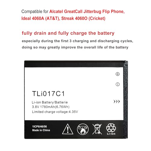 TLi017C1 Replacement Battery for Alcatel GreatCall Jitterbug Flip Phone, Ideal 4060A (AT&T), Streak 4060O (Cricket)