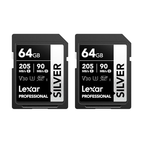 Lexar Silver SD Karte 64GB 2-Pack, UHS-I SDXC Card 205 MB/s Read Speed, 90 MB/s Write Speed, V30, U3, C10, 4K UHD Video, SD Card Memory Card with Lexa