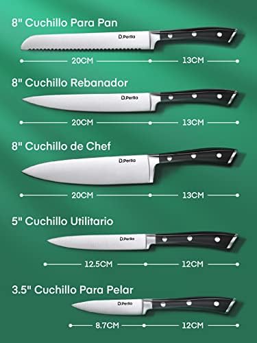D.perlla conjunto de faca de cozinha profissional 6 peças, aço inoxidável alemão ultra afiado com bloco, cabo ergonômico, marrom