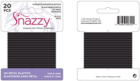 Hair Elastics by Snazzy, Black, Thin & Long, Painless Pony Tail Holders, Yoga Twist, 20 Count (1 Pack, 20 Ties Per Card)