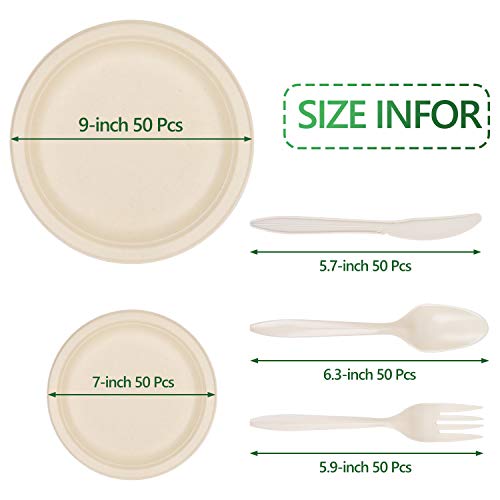 Gezond 350Pcs Disposable Dinnerware Set, Eco-friendly Dinnerware Includes Compostable Biodegradable Plates, Forks, Knives, Spoons, Cups and Straws for 50 Guest Party, Birthday, Picnic