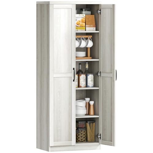 HOMCOM 63" Kitchen Pantry Cabinet with Shaker Doors, Modern Freestanding Tall Buffet Storage Cabinet with Adjustable Shelves, Distressed White
