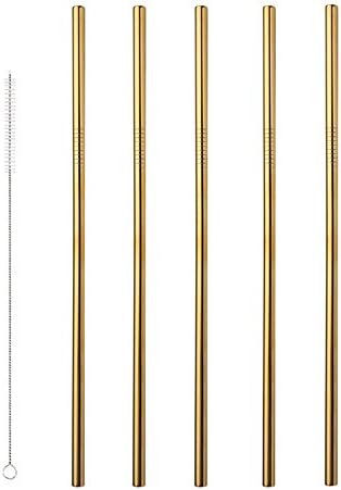 Stainless Steel Straws Reusable 5 Set, Washable Metal Drinking Straws with 1 Cleaning Brush for Smoothie, Milkshake, Cocktail,Hot Drinks,Juices and Most 20oz tumblers (Straight Straws, Gold)