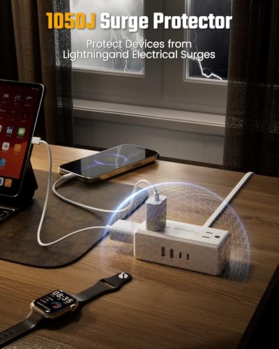 6 Ft Flat Plug Extension Cord with Multiple Outlets, SUPERDANNY Surge Protector Power Bar with 4 Outlets & 4 USB Ports (2 USB C), Small Outlet Extender for Home, Office Supplies, Dorm, Travel, White
