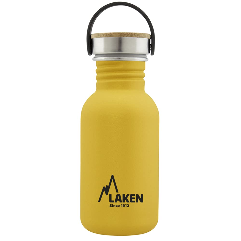 Laken Stainless Steel Water Bottle with Bamboo Cap and Wide Mouth, (0.50L-Yellow) – Reusable, Ideal for Mountains, Camping, Sports and More Tools, Multicolor