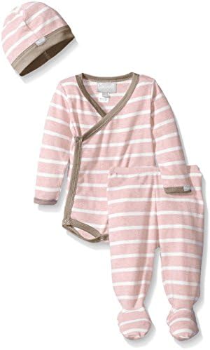 Coccoli Baby Girls' Pink Contrast Rib Knit Cotton Kimono Set, Heather Pink/Cream Stripes, Newborn