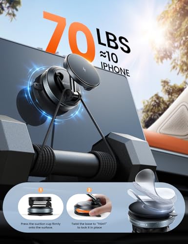 Lamicall 15W for MagSafe Car Mount Charger - Dual USB-C Ports,Magnetic Wireless Car Charger,Suction Cup Phone Mount, Vacuum Magnetic Phone Holder for Truck Jeep for iPhone 17 Pro Max 16 15 14 Black