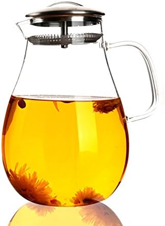 Large Glass Water Pitcher, 68 Ounces / 2000 Milliliters Tea Kettle with Removable Stainless Steel Infuser Lid and Spout, a Perfect Flower Teapot and Iced Tea Maker