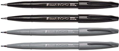 Pentel Sign Pen Brush "Touch" Set of 4 Letter Ring 2x Black + 2x Grey (Shades) Fibre-Tip Pens with Brush-like Tip