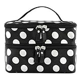 Mintbon Cosmetic Makeup Make up Bag Double Layer Dot Pattern Travel Portable Toiletry Bag Organizer With Mirror Inside (Black)