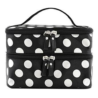 Mintbon Cosmetic Makeup Make up Bag Double Layer Dot Pattern Travel Portable Toiletry Bag Organizer With Mirror Inside (Black)