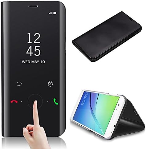 Trustforever Samsung Galaxy C8/Galaxy J7 Plus Mirror Case, Ultra Slim Electroplate Plating Clear View Case Flip Folio Stand Case Luxury Translucent Shell Holder - Black