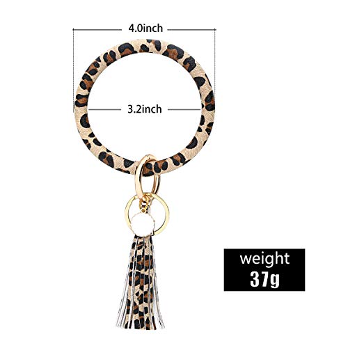 Leather Key Ring Bracelet Keychain, Bling Belle Large Circle Tassel Wristlet Keychain Bangle Key Ring for Women and Girls, Leopard