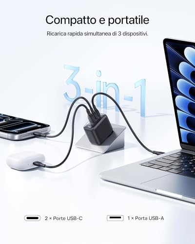 Enerfill - Caricatore USB C da 70 W, confezione da 2 caricabatterie rapido GaN6 a 3 porte, alimentatore compatto per MacBook Air, iPhone 17/16/15 Pro Max, iPad Pro, Galaxy S25/S24, Pixel