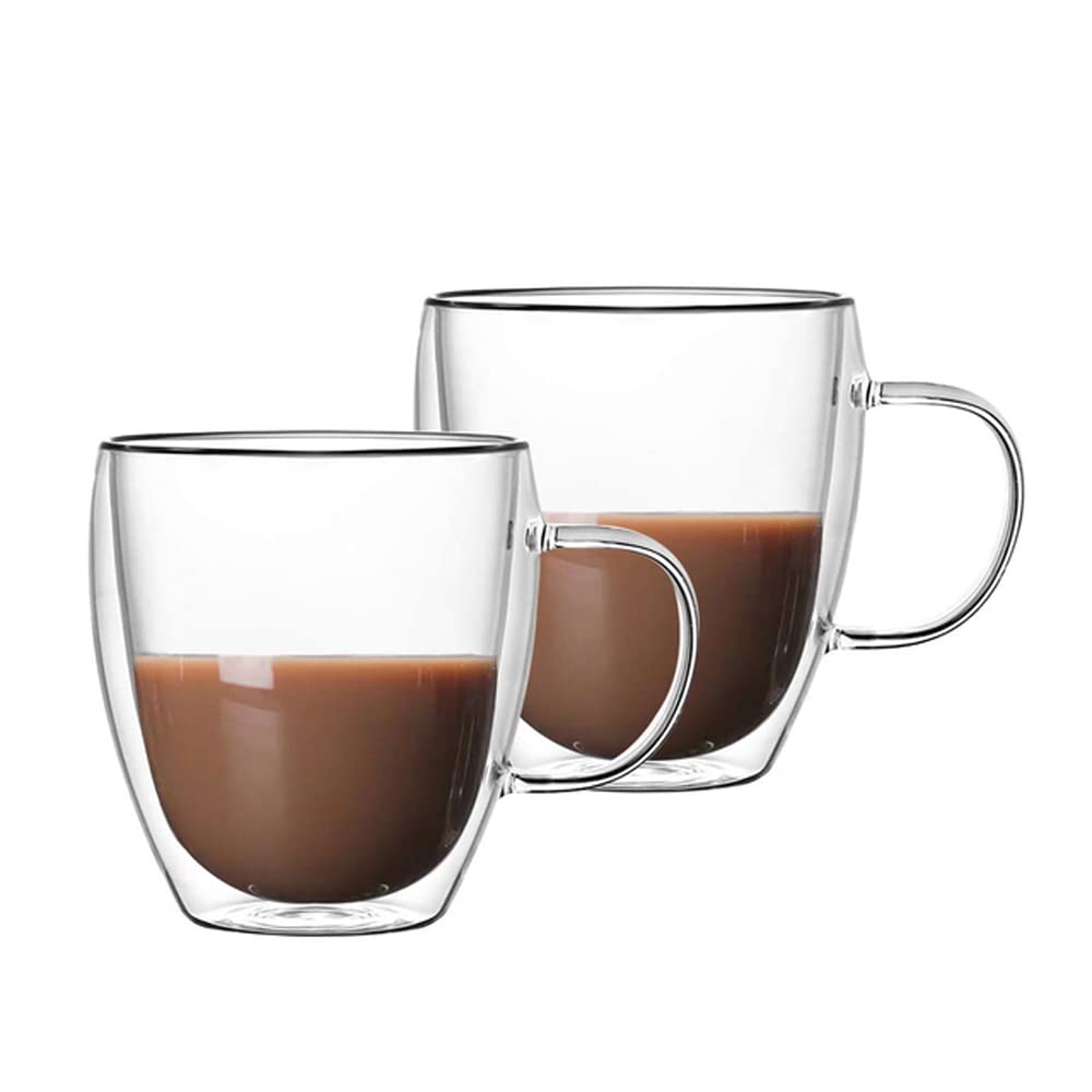 Hniuyun 2-Pack Glass Coffee Mugs, Double Walled Insulated Layer Coffee Cups with Handle, Clear Glass Cups for Cappuccino,Tea,Latte,Espresso,Hot Beverage (250ML)