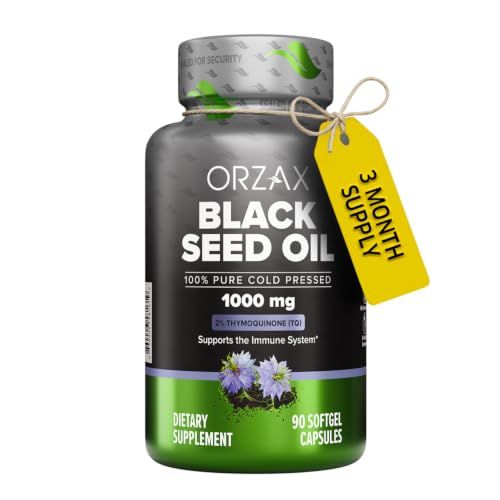 ORZAX Black Seed Oil Capsules, 90 Days Supply, 2% Thymoquinone, Non-GMO, Gluten Free, Cold Pressed Black Cumin Pills, Nigella Sativa Supports Immune System, Joints, Hair Growth, Skin