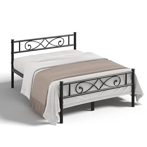 Vintage Full Size Bed Frame with Headboard, Platform Bed Frame with Headboard & Footboard, Bed Frame No Box Spring Needed, Metal Headboard Bed Frame with Under Bed Storage, Black