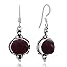 925 Sterling Silver Garnet Gemstone Indian Inspired Vintage Oval Dangle Hook Earrings 1.5