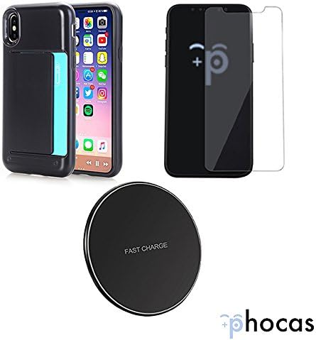 Phocas iPhone X / iPhone 10 Bundle-Minimalist Hard Wallet Protective Wallet Card-Holder Case, 9H Glass Screen Protection, Wireless Charging Pad-Quality Kit for iPhone X / iPhone 10 (2017) (Black)
