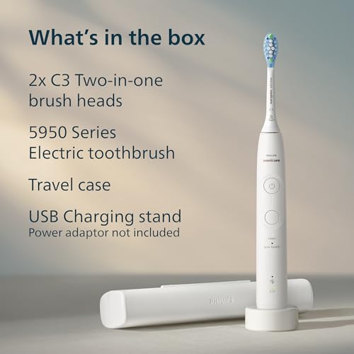 Philips Sonicare 5950 Series Electric Toothbrush, with Pressure Sensor, for Sensitive Gums, 6 Brushing Settings, SmarTimer, BrushPacer, 21-day Runtime, Travel Case, White, HX7130/03