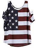 OMONSIM Women's Vogue Shoulder Off Wide Hem Design Top Shirt American Flag T Shirt