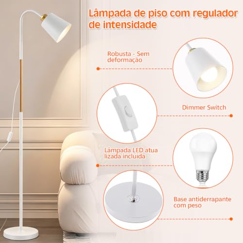 Luminária de Chão com Cúpula de Tecido, Estilo Minimalista, Inclui Lâmpada LED 12W, Iluminação Suave para Sala e Quarto, Base Estável