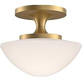 Hinkley Knox Small Semi-Flush Mount Ceiling Light, Schoolhouse Style, Etched Opal Glass, Classic, Versatile, Lacquered Brass 