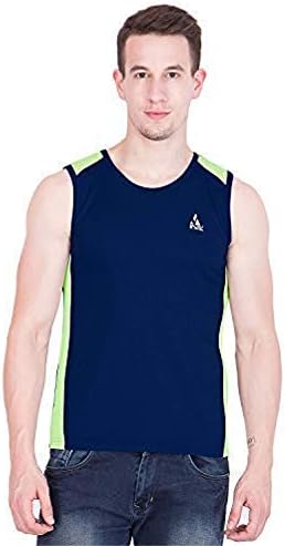 CaptoFit Round Neck Sleeveless Polyester T-Shirts | Men | Color: Blue & Neon Green