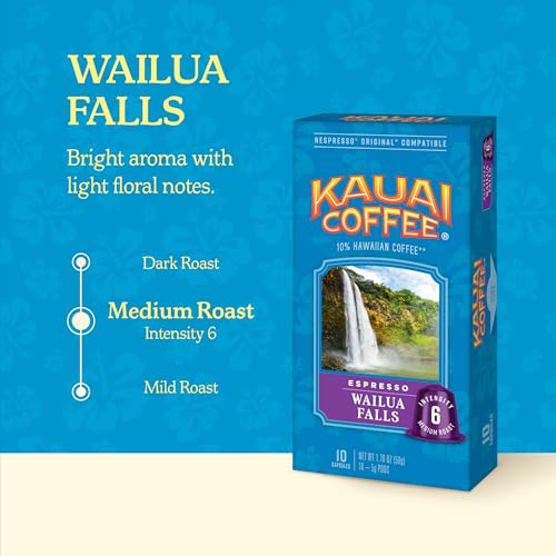 KAUAI COFFEE ESPRESSO PODS COMPATIBLE WITH NESPRESSO ORIGINAL COFFEE MAKERS – ARABICA COFFEE, 10% HAWAIIAN – MEDIUM ROAST, FLORAL NOTES & SMOOTH FINISH – WAILUA FALLS, 1 PACK OF 10 ESPRESSO PODS