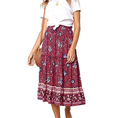VICCKI Women's Bohemian Floral Printed Elastic Waist A Line Long Maxi Skirt Red