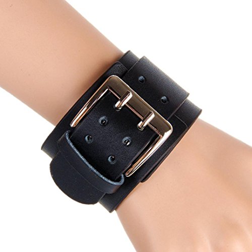 ManxiVoo Retro Wide Leather Bracelet Bangle Cuff Punk Exaggerated Big Double Buckle Bracelet Adjustable Fit (Black)