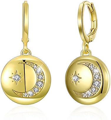 Moon and Star Dangle Earrings Necklace Bracelet Set 18K Gold Plated Leverback Round Dangle Drop Earrings Necklace Women Girls Jewelry