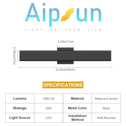 Aipsun 2 Packs LED Outdoor Wall Lights, 3000K 4000K 6000K, 23.6in Modern Black Outdoor Porch & Patio Wall Sconce, Linear Exterior Wall Light for Entrance, Hallway, Garage, Porch(3CCT)