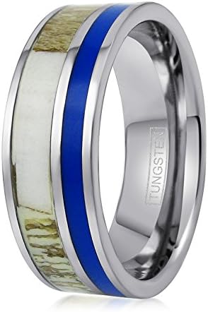 Beautiful &amp; Rare 8mm Silver Tungsten Ring w Deer Antler &amp; Blue Stone Inlays. Free Engraving (10)