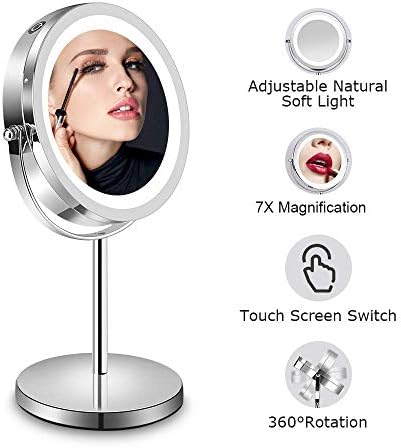 Lighted Makeup Mirror - 7x LED Magnifying Mirror, 360°Rotation, Double-Sided Vanity Mirror with LED Lights, Travel Makeup mirror with Stand, Battery Operated, Ideal for gifts, 1x 7.5 Inch