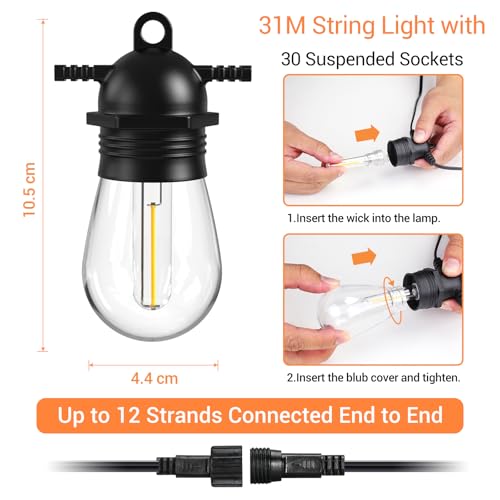 Quntis Outdoor LED Light Chain 31M/102FT Outdoor Garden Lights with 30 + 2 S14 Bulbs IP65 Waterproof Connectable Outdoor Lights for Gazebo Terrace Balcony Party Courtyard Warm White