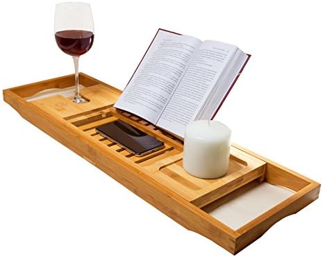 Majestic Bamboo Bathtub Caddy Tray, Reading Rack, Tablet Holder, Cellphone Tray, Wine Glass Holder, Luxury Spa Organizer with Extending Sides