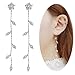 Leaf Chandelier Dangle Earrings Ear Studs Tassel Crawler Earrings Cuff Climber Rhinestone Pierced Clip on Jewelry Silver Plated