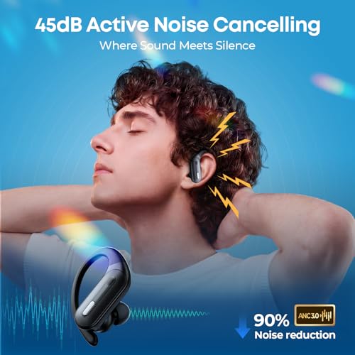 GNMN Active Noise Cancelling Ear Buds Wireless Earbuds Bluetooth 5.3 Headphones 90H Playtime Power Display Case Hi-Fi Stereo Bass Over-Ear Earphones with Waterproof ANC Transparency for Gym/Workout