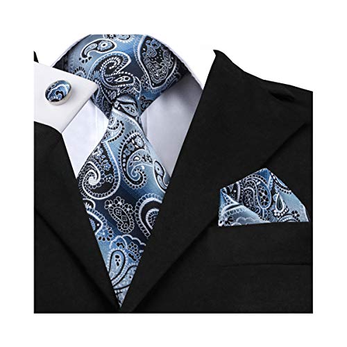 DiBanGu Paisley Tie and Pocket Square Men's Woven Necktie Cufflink Clip Sets (Blue)
