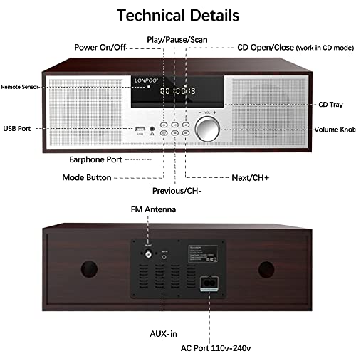LONPOO Stereo Shelf System for Home, Vintage CD Player 40W RMS Micro Mini System with Remote Control, Bluetooth, FM Radio, USB MP3 Playback & Aux-in,Silver