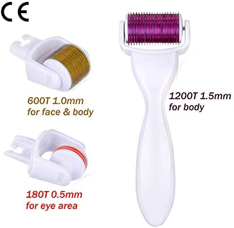 3 in 1 Derma Roller.0.5mm+1.0mm+1.5mm(180+600+1200 pin) Treat Wrinkles, Acne, Scars, Cellulite, Stretch Marks, Crow’s Feet & Under Eye Bags for a Smoother and Younger Skin