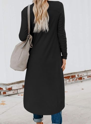 Fisoew Women's Long Sleeve Button Down Knee Length Knit Long Cardigan with Pockets
