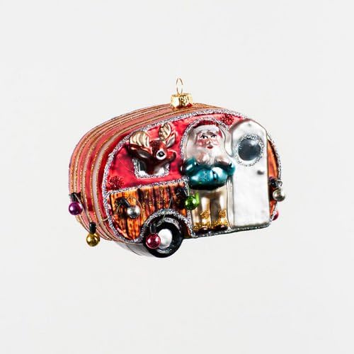 Retro Red Silver Airstream style RV Camper Trailer with Santa and Reindeer Camping Christmas Ornament, 1 Piece