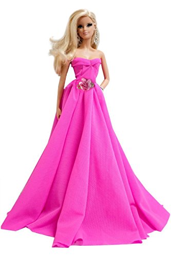 hot pink dress barbie Signature Collection Doll 3, Barbie Doll (Blonde) with Silkstone Body, Wearing Ruffled Chiffon Gown, Gift for Collectors : Toys & Games Zipper Back Embellishment Barbie Doll Dresses Online -